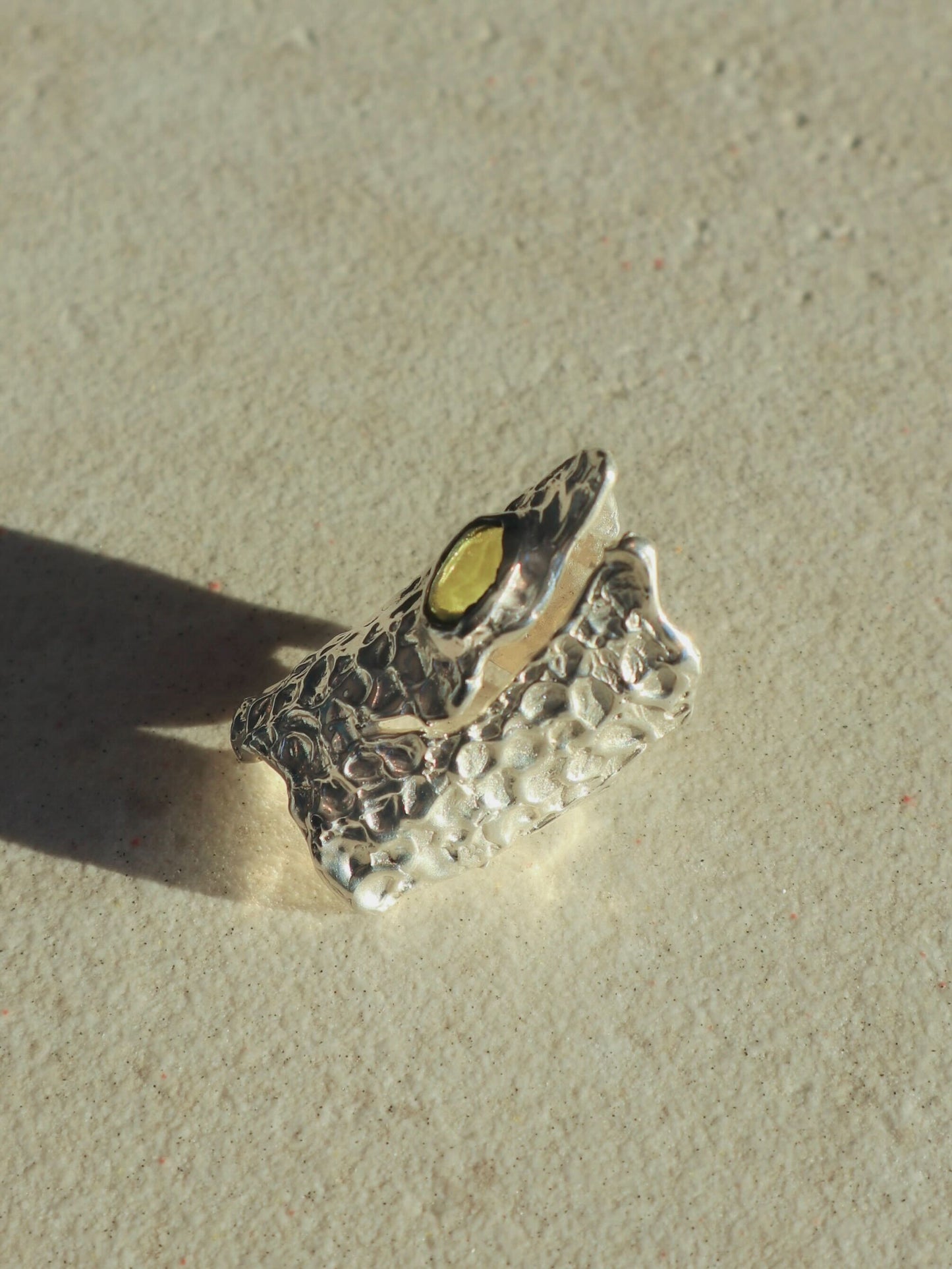 Raw Peridot Ring, Currently on display at Lewis Gallery