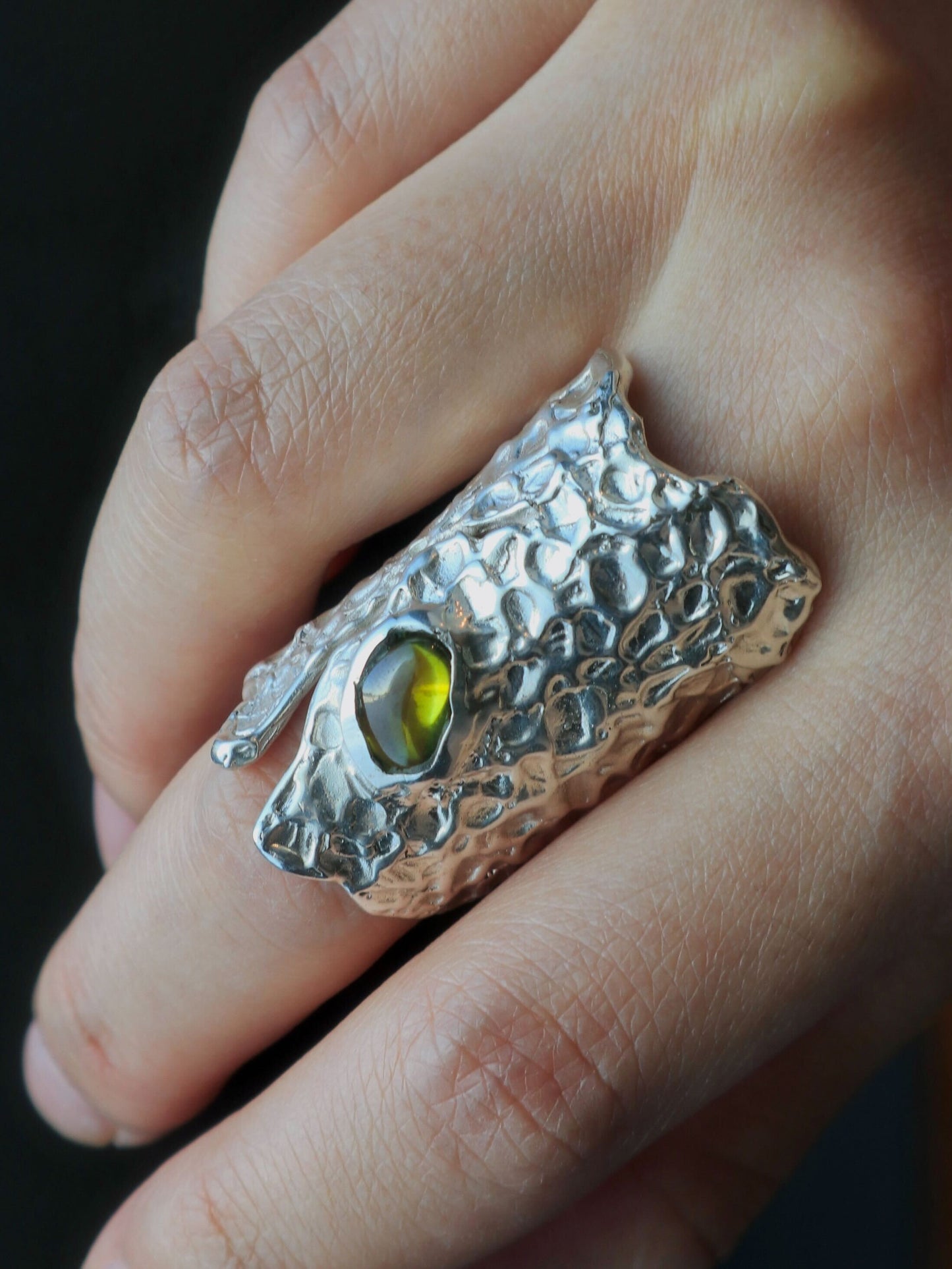 Raw Peridot Ring, Currently on display at Lewis Gallery